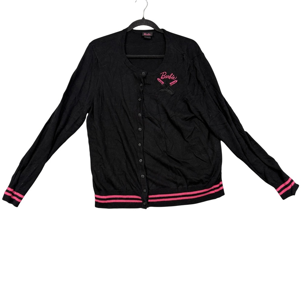 Barbie Sweater Womens Small Black‎ Button Cardigan Pink Trim Lipstick Logo
